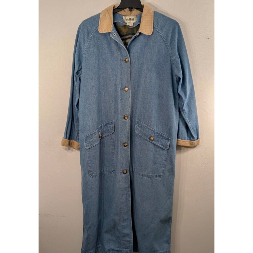 LL Bean Long Denim L Chore Coat Navajo Inspired Wool Blanket Lined Retro 80s - Picture 3 of 12